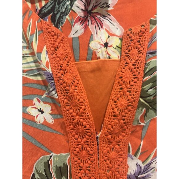 Caribbean Joe Hawaiian Tropical Maxi Dress Orange Sz Medium Floral Lace Detail - Picture 10 of 14